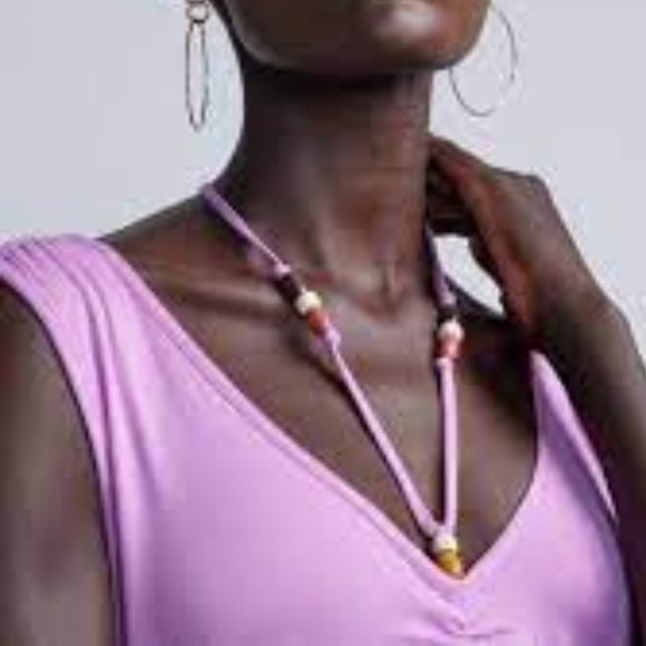 New York & Company Purple Beaded Halter Wide Leg Boho Relaxed Pockets Jumpsuit - Picture 2 of 9